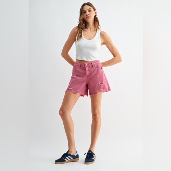 Mica Pants - Wide Leg Distressed Boyfriend Midi Shorts - Mica